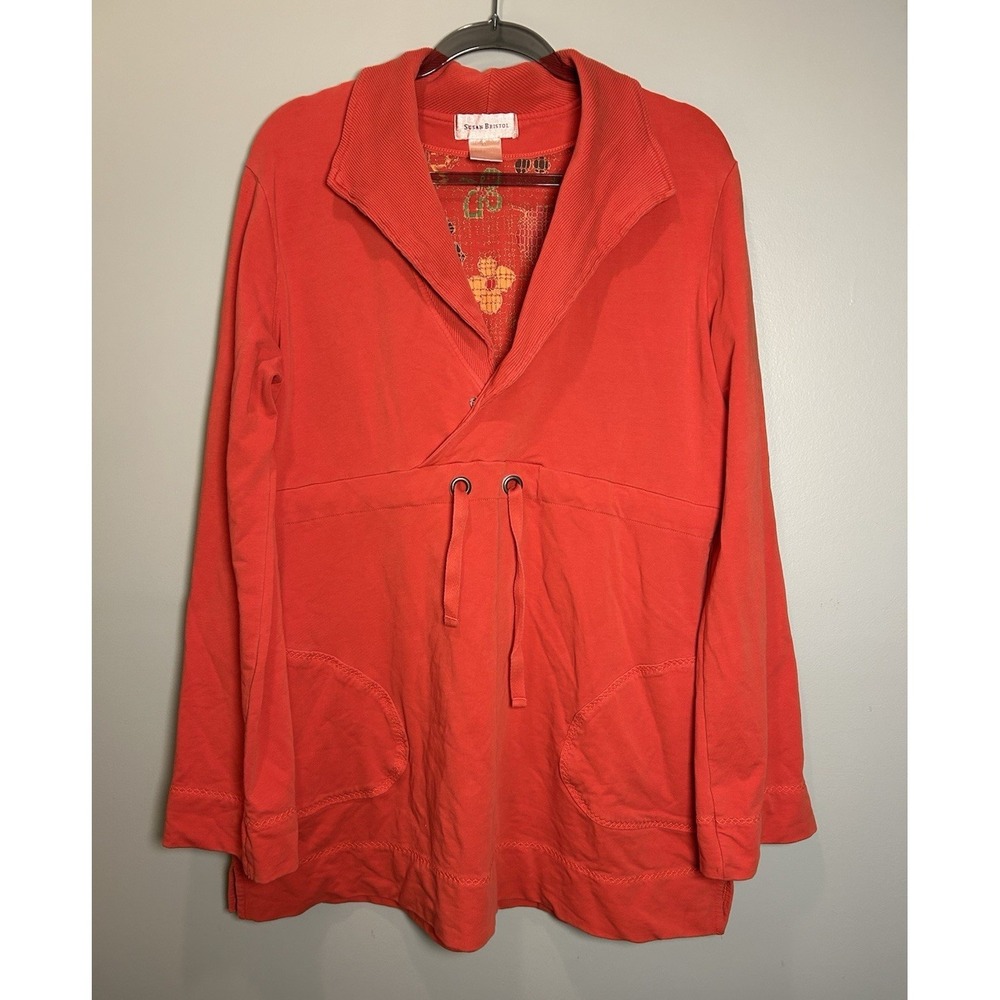 Susan Bristol Orange Solid Knit Collared Drawstring Grommet Tunic Top XL